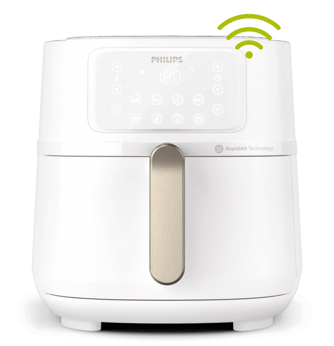 Biała frytkownica beztłuszczowa z panelem dotykowym i uchwytem w kolorze złotym. Na górze widoczne jest logo \'PHILIPS\' oraz symbol Wi-Fi.