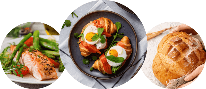 Trzy okrągłe zdjęcia przedstawiające różne potrawy: łosoś z warzywami, croissanty z jajkiem i ziołami oraz bochenek chleba.