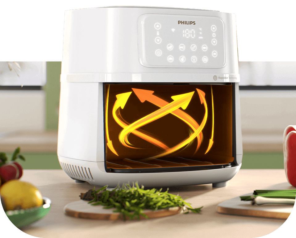Na obrazie widoczna jest biała frytkownica beztłuszczowa z wyświetlaczem dotykowym, na którym widnieje napis \'PHILIPS\' oraz cyfry \'180\'. Wewnątrz urządzenia pokazane są żółte i pomarańczowe strzałki symbolizujące cyrkulację powietrza.
