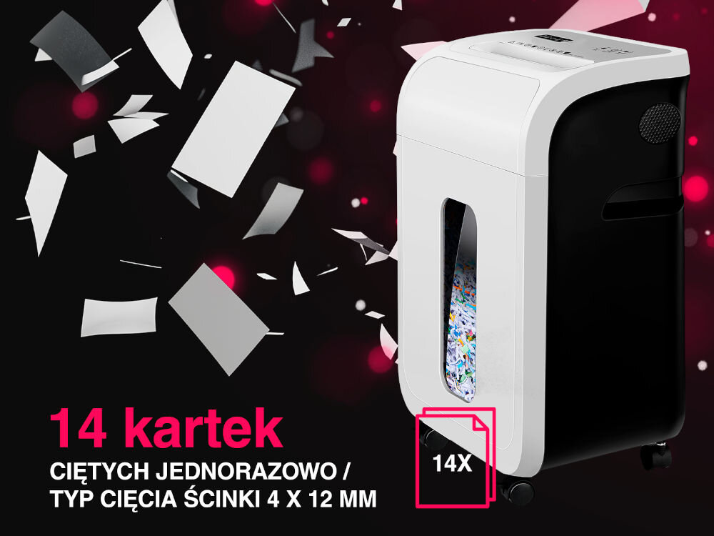Niszczarka TRACER DataRazor prezentacja niszczarki pod kątem czarno-czerwone tło z latającymi kartkami napis 14 kartek ciętych jednorazowo typ cięcia ikona z 14 arkuszami