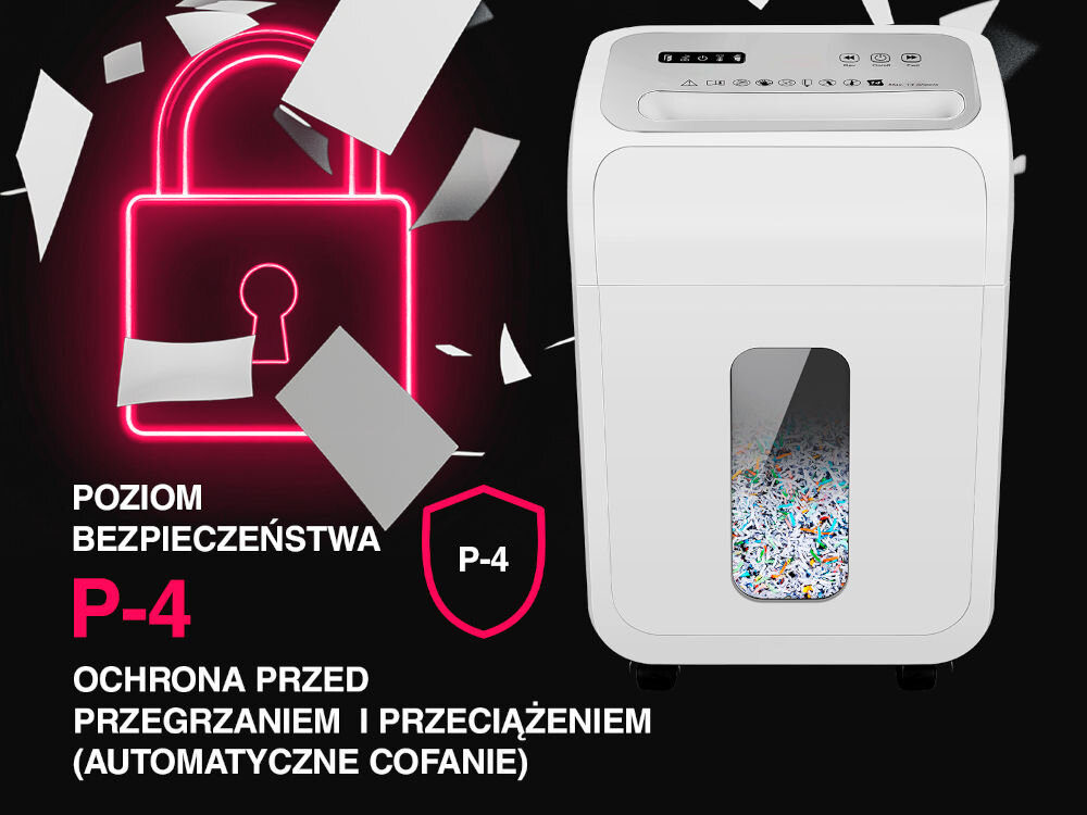 Niszczarka TRACER DataRazor prezentacja niszczarki od przodu czarne tło z latającymi kartkami napis P-4 ochrona przed przegrzaniem i przeciążeniem ikona kłódki
