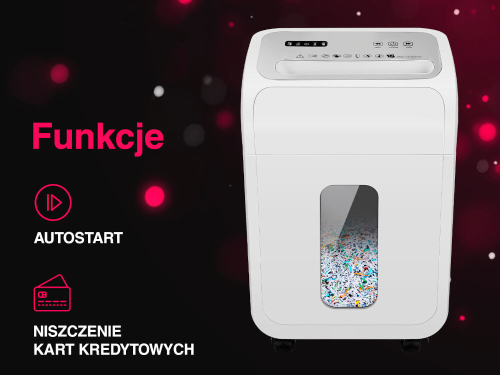 Niszczarka TRACER DataRazor prezentacja niszczarki od przodu czarno-czerwone tło napis oraz ikony z funkcjami automatyczne Start/Stop zatrzymywanie pracy po zapełnieniu kosza niszczenie kart kredytowych bezpieczeństwo przechowywanych danych