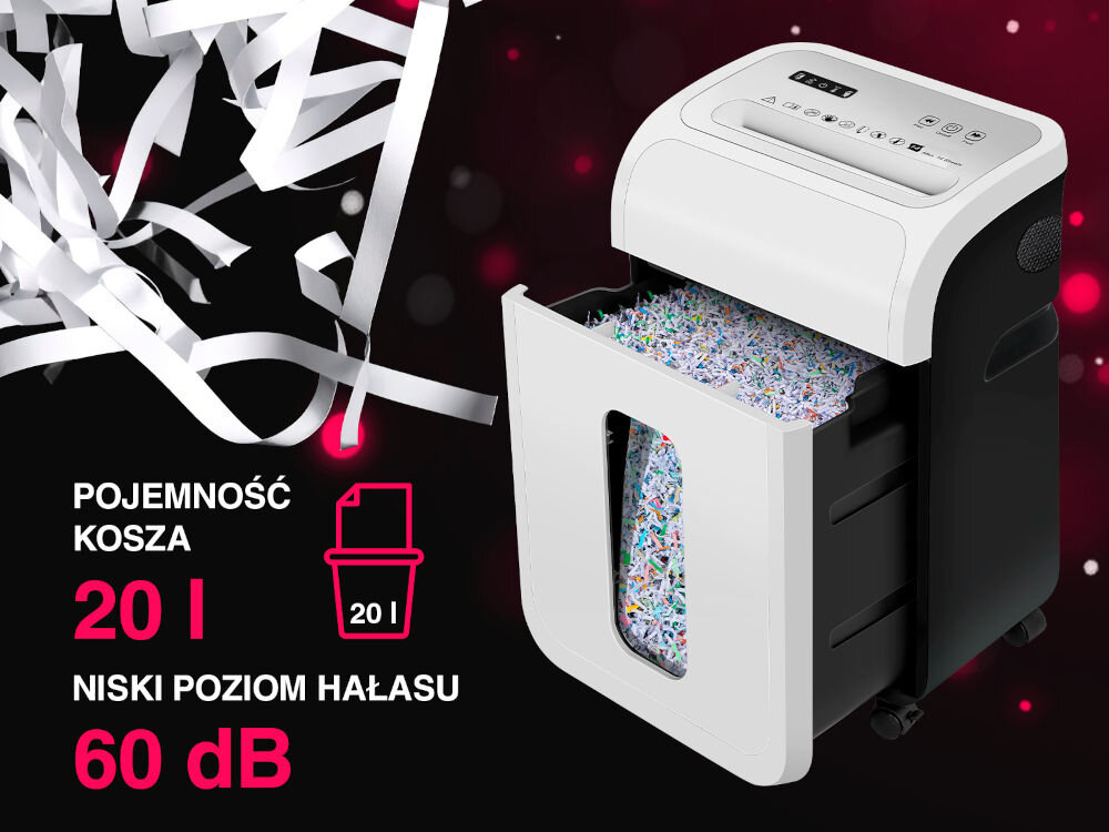 Niszczarka TRACER DataRazor prezentacja niszczarki czarno-czerwone tło napisy i ikony z funkcjami pojemność 20 litrów praktyczne rozwiązanie rzadka konieczność opróżniania