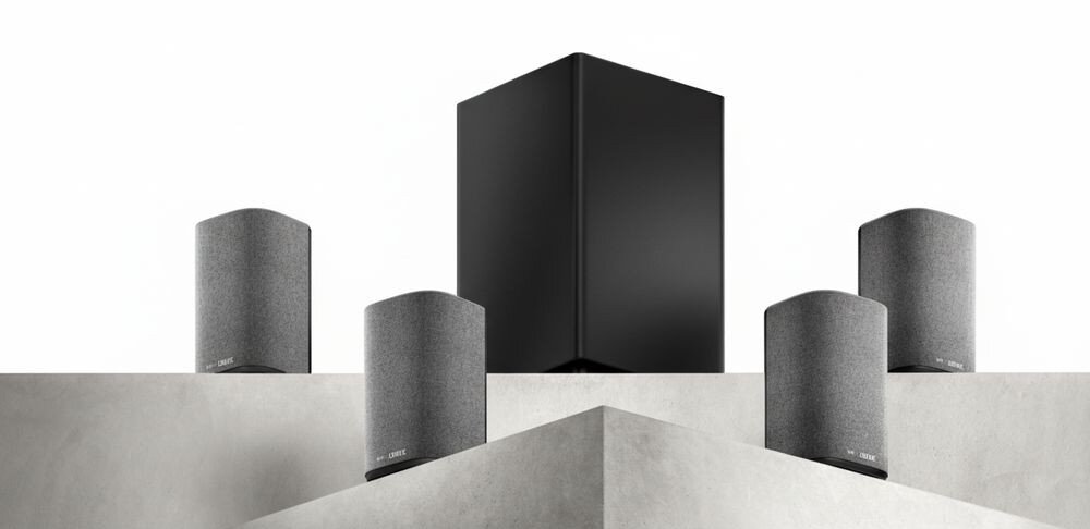 Na obrazie widoczny jest zestaw pięciu głośników, z czego cztery są szare, a jeden czarny, umieszczone na geometrycznych, jasnych platformach. Na szarych głośnikach widnieje napis \'We. LOEWE\'.