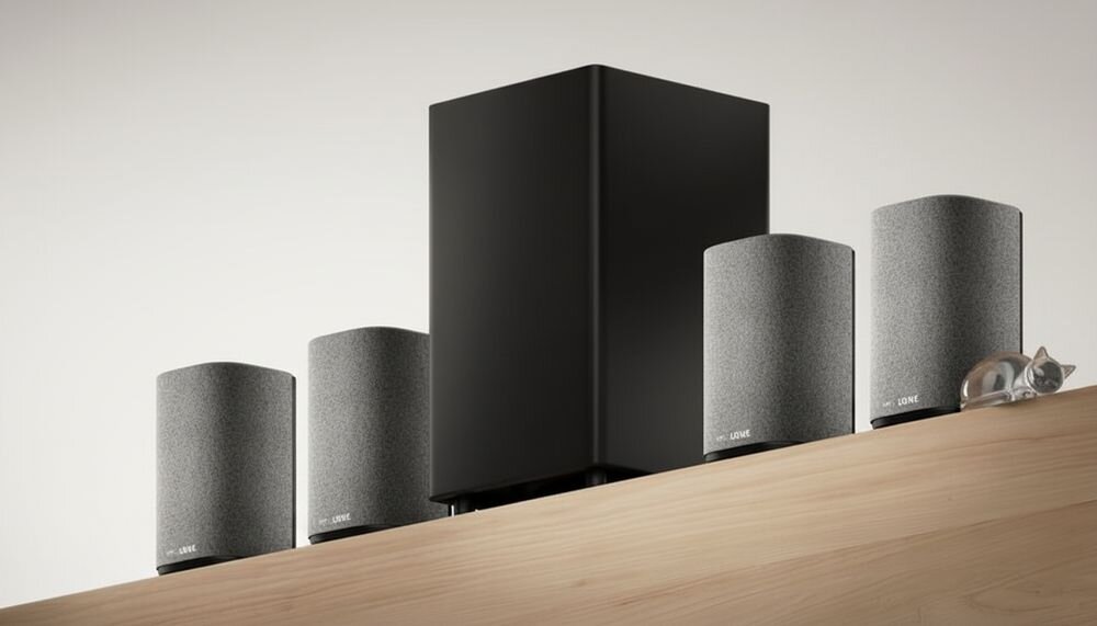 Na drewnianej powierzchni ustawione są szare głośniki oraz większy czarny subwoofer. Na jednym z głośników widoczne jest logo \'LOEWE\'.
