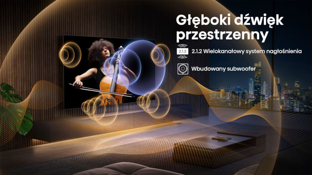 Telewizor HISENSE 55U7Q Pro - Przestrzenny dźwięk bez kabli, system dźwięku 2.1.2, Dolby Atmos, telewizor wiszący na ścianie w salonie, z któreg wydobywa się dźwięk
