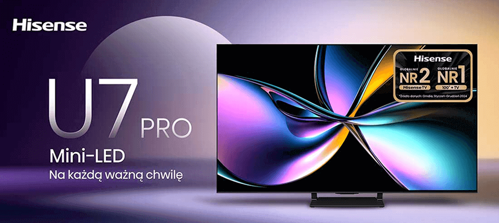 Obraz przedstawia telewizor z kolorowym, abstrakcyjnym wzorem na ekranie. Po lewej stronie widnieje tekst: \'Hisense U7 PRO Mini-LED Na każdą ważną chwilę\'.