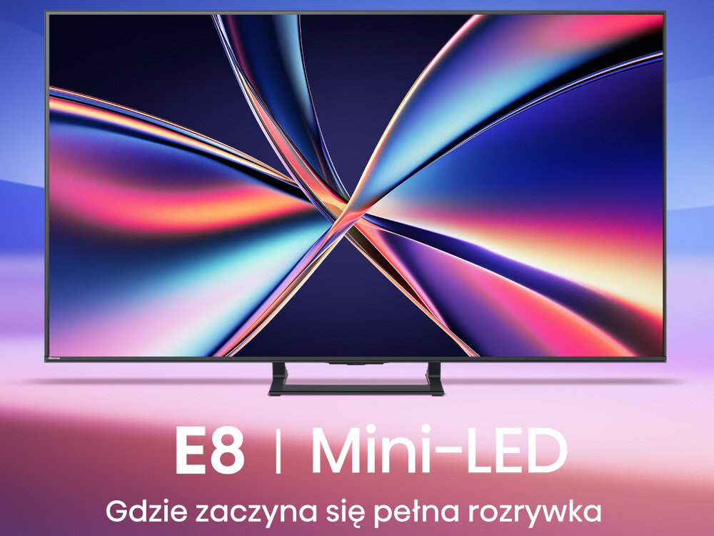 Telewizor HISENSE 65E8Q - Obraz i dźwięk na poziomie, telewizor od frontu na kolorowym tle