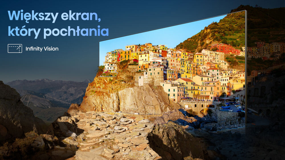 Telewizor HISENSE 75E8Q - Minimalistyczny design, Bezramkowa konstrukcja, Infinity, telewizor pod skosem, miasteczko w górach