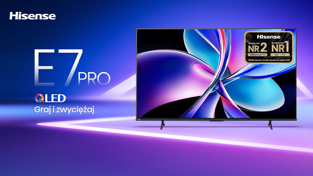 Telewizor HISENSE 43E7Q Pro - Zanurz się w świecie obrazu, telewizor od forntu na niebieskim tle