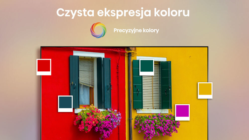 Telewizor HISENSE 43A6Q - Naturalne i żywe kolory, Precision Colour, telewizor od frontu wyświetlający kolorowy budynek