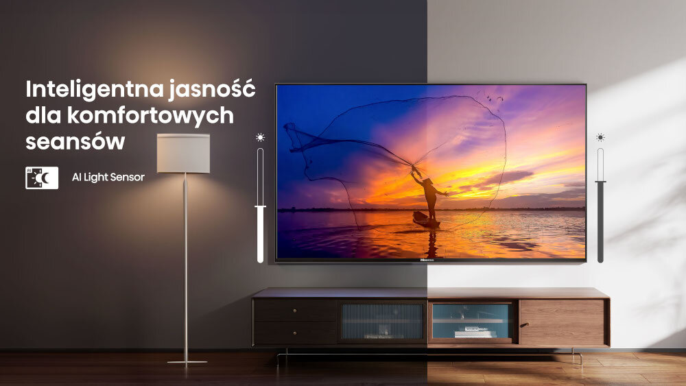 Telewizor HISENSE 50E7Q - Komfort przy każdym świetle, telewizor powieszony na ścianie, dwa kadry- w dzień i w nocy