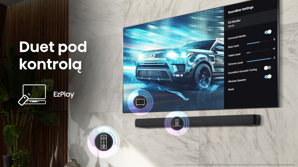 Telewizor HISENSE 75A6Q - Jedno sterowanie dźwiękiem, EZ Play, jeden pilot, telewizor powieszony na ścianie z soundbarem