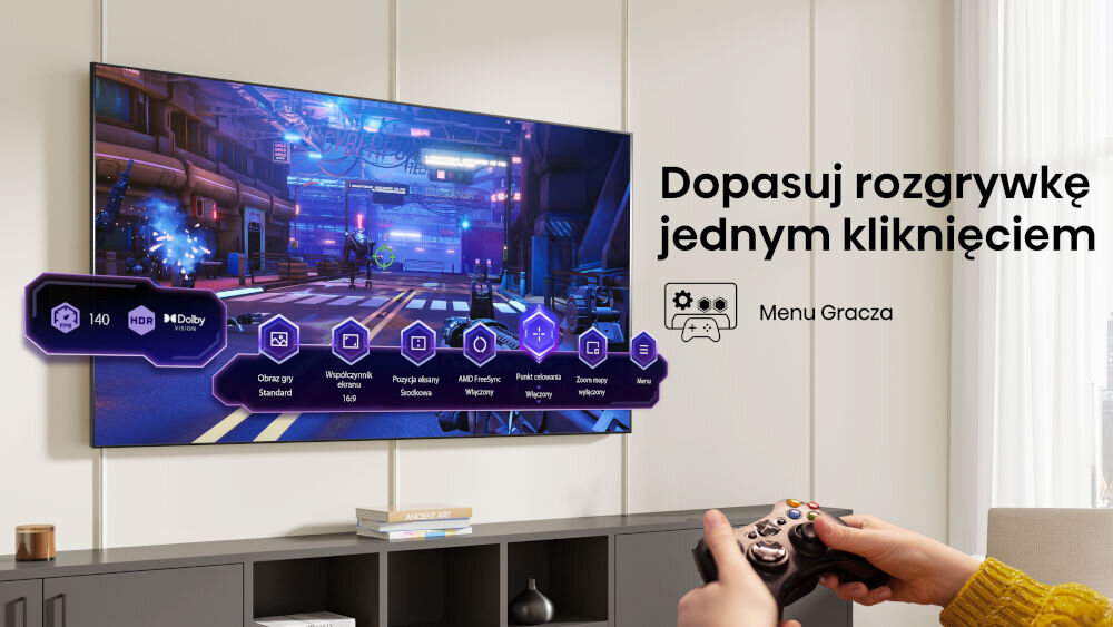 Telewizor HISENSE 75A6Q - Pełna kontrola dla graczy, Game Bar, FPS, VRR, proporcje ekranu, telewizor zawieszony na ścianie , ręce trzymające pada