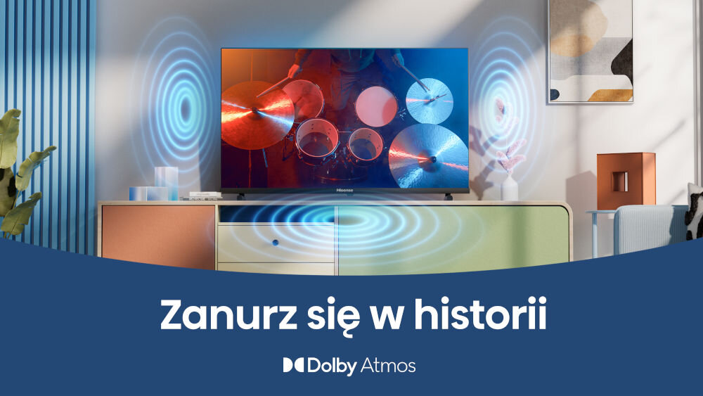 Telewizor HISENSE 40A5Q - Dźwięk przestrzenny Dolby, Dolby Atmos, telewizor stojący na komodzie