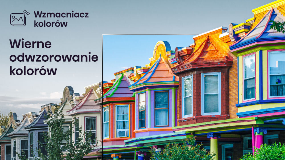 Telewizor HISENSE 40A4Q - Naturalność kolorów, Natural Colour Enhancer, rząd kolorowych domków jednorodzinnych