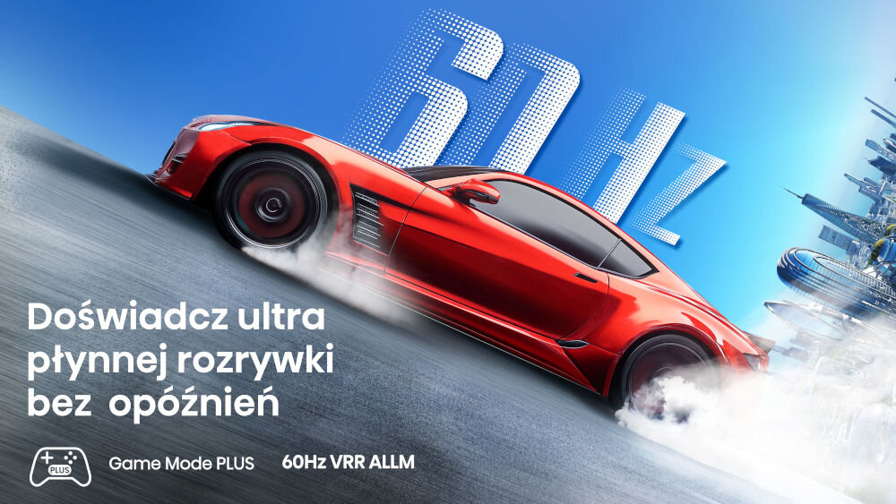 Telewizor HISENSE 75A7Q - Granie bez opóźnień, Game Mode PLUS, VRR, ALLM, samochód sportowy jadący po drodze