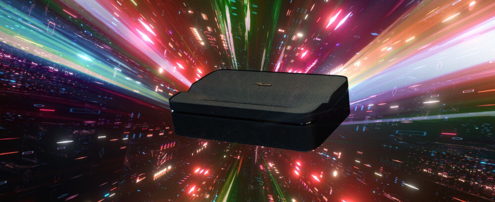 Projektor OPTOMA Photon Go PH31UST potrójny laser RGB kontrast jasność kolor, projektor na tle wielokolorowego tła