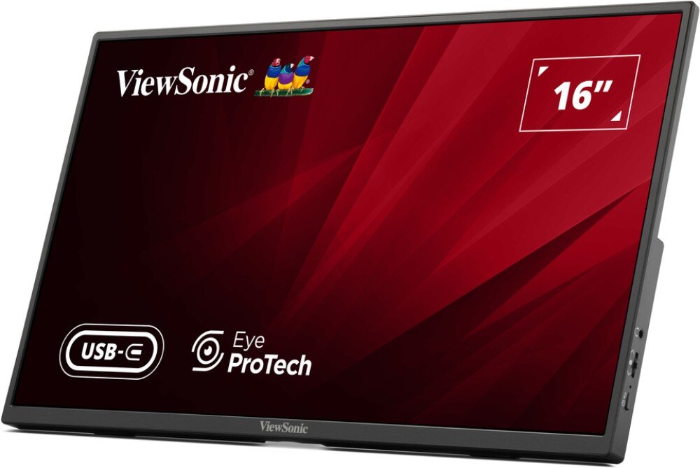 Monitor VIEWSONIC VA1650 Monitor przenośny z włączonym ekranem prezentującym czerwone tło z białymi ikonami i napisami USB-C oraz Eye ProTech, przekątna, rozdzielczość, matryca IPS, kąty widzenia
