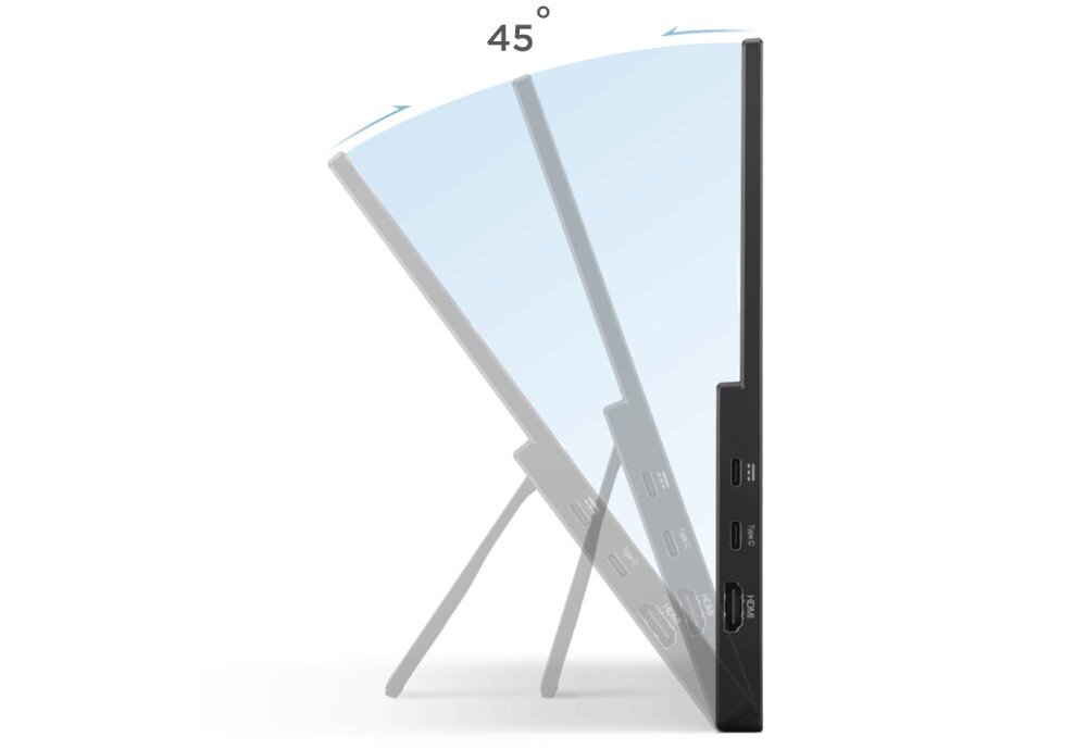 Monitor VIEWSONIC VA1650 Widok z boku na monitor ustawiony na rozkładanej podstawce, pokazane różne kąty nachylenia ekranu do 45 stopni, podstawka, regulacja nachylenia