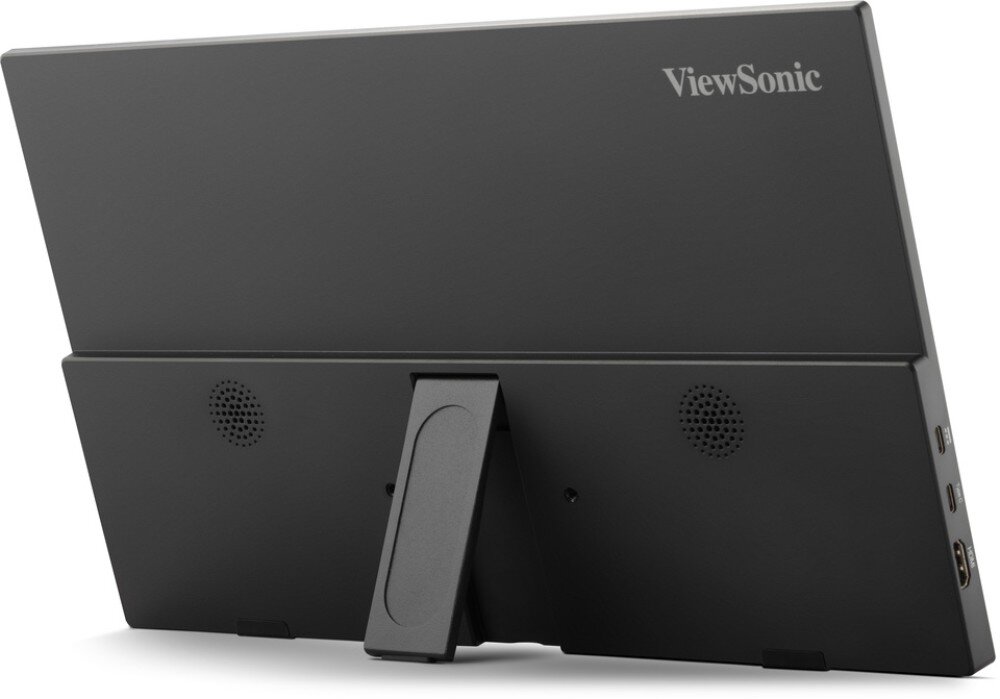 Monitor VIEWSONIC VA1650 Tylny panel monitora przenośnego z rozłożoną podstawką i widocznymi otworami głośników, wytrzymałość, żywotność, mocowanie VESA