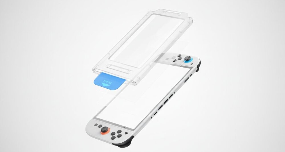 Nintendo Switch 2 na białym tle z unoszącą się nad ekranem przezroczystą ramką montażową i szkłem hartowanym, widoczna niebieska zakładka ‘Pull Out’ ułatwiająca instalację.