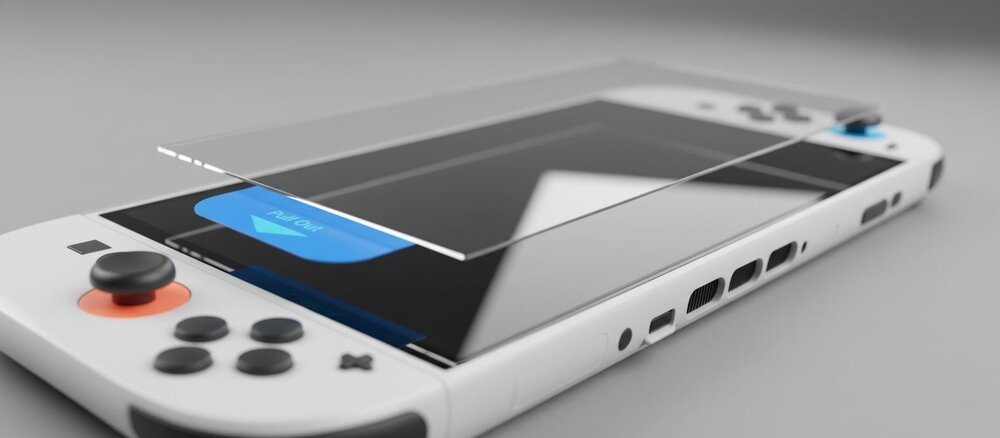 Zbliżenie na ekran Nintendo Switch 2, nad którym tuż przed przyklejeniem unosi się cienka tafla szkła ochronnego