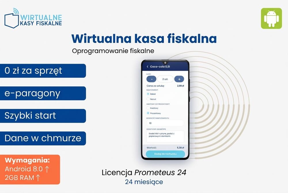 Kod aktywacyjny WKF Prometeus - Smartfon z otwartą aplikacją do sprzedaży wyświetlony na tle grafiki promującej wirtualną kasę fiskalną 
