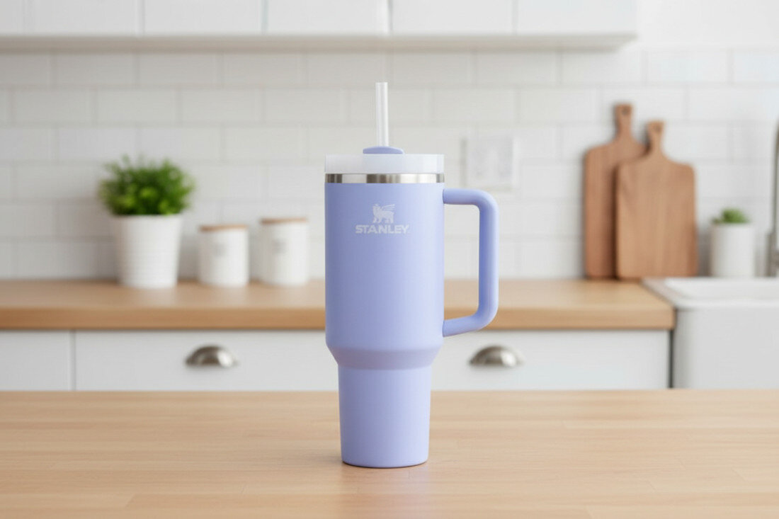 Kubek termiczny STANLEY Quencher H2.0 FlowState Tumbler trzymany w ręce przez uśmiechniętą osobę