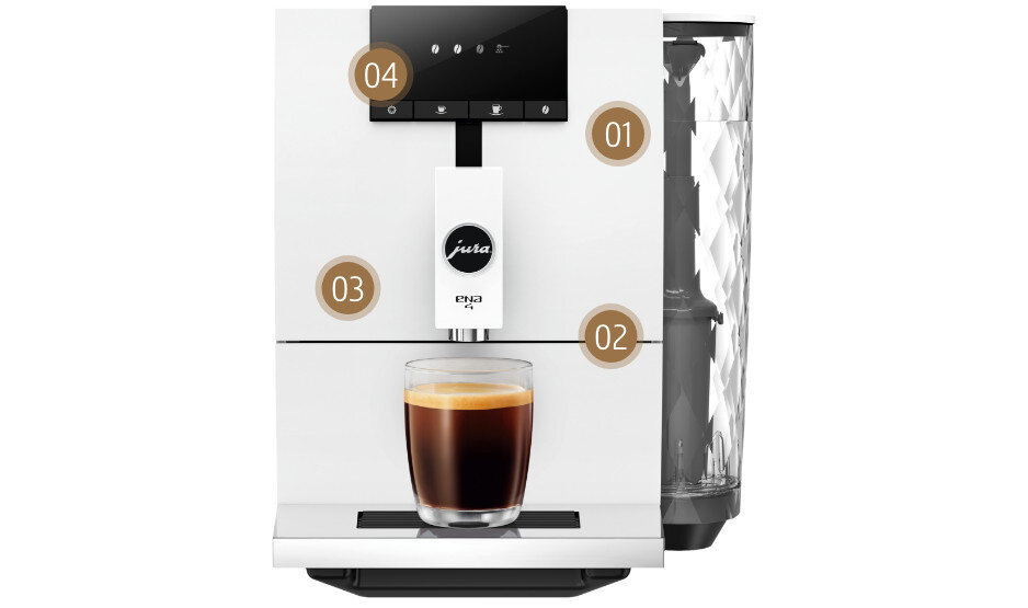 Ekspres JURA 4 Full Nordic White (EB) Inteligentne Wstępne Podgrzewanie 3. Wyjątkowy Design Niewielki Rozmiar