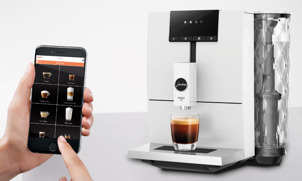 Ekspres JURA 4 Full Nordic White (EB) Operating Experience (J.O.E.®) smartfon obsługa informacja dostep kawy komunikaty