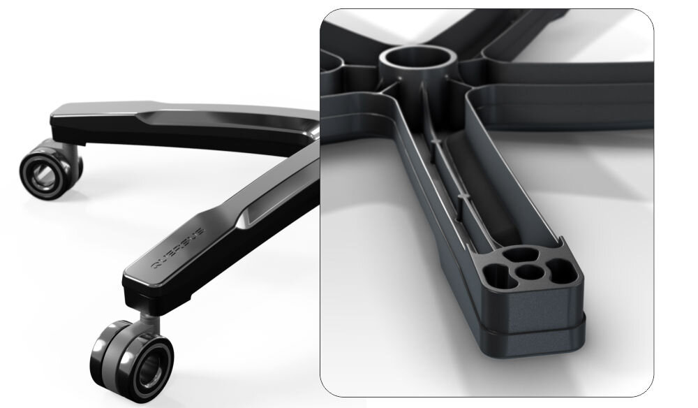 Fotel QUERSUS ICOS.1.2 Beżowo-czarny prezentacja kółek i zbliżenie na wewnętrzną podstawę do której montuje się kółka na białym tle podstawa Q-FORTIS™ wytrzymałe aluminium wysoka odporność na obciążenia wsparcie ergonomii