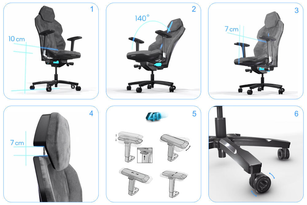 Fotel QUERSUS ICOS.1.2 Beżowo-czarny pokazanie różnych funkcji ułatwiających dopasowanie fotela możliwości regulacji na białym tle dopasowania fotela regulacja wysokości i nachylenia oparcia dopasowanie do sylwetki regulowany zagłówek RESTFLOW™ podłokietniki 4D kółka z powłoką poliuretanową ochrona podłogi