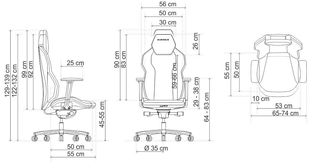 Fotel QUERSUS ICOS.1.2 Beżowo-czarny prezentacja fotela od przodu od boku i od góry na białym tle z wymiarami regulacja dopasowanie pod swoje wymagania