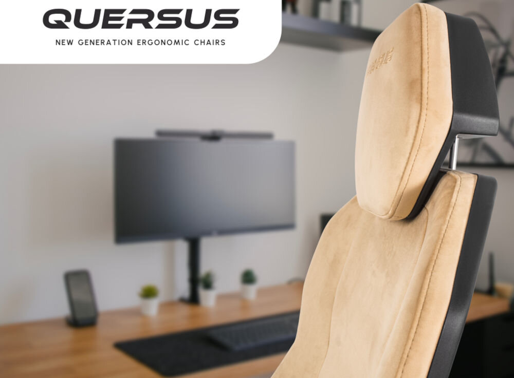 Fotel QUERSUS ICOS.1.2 Beżowo-czarny prezentacja fotela od boku w tle pokój napis z marką na białym tle w prawym górnym rogu