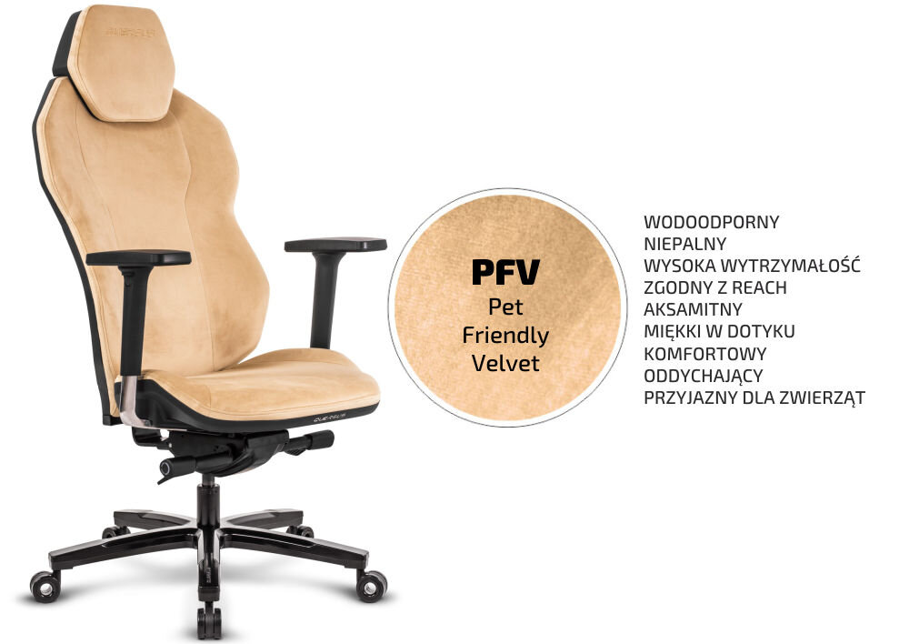 Fotel QUERSUS ICOS.1.2 Beżowo-czarny prezentacja fotela od przodu pod kątem z wypisaną nazwą materiału oraz jego właściwościami na białym tle materiał PFV miękkość odporność na płyny i intensywne użytkowanie ochrona przed śladami pozostawianymi przez zwierzęta przyjazny dla pupili