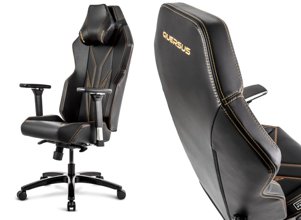 Fotel QUERSUS Vaos.2.3 Gold Accent Czarny (złote elementy) prezentacja fotela pod kątem od przodu i tyłu na białym tle poduszka zagłówkowa dopracowana konstrukcja wsparcie użytkowników podczas wielogodzinnego siedzenia