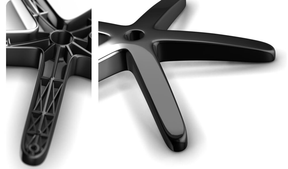 Fotel QUERSUS Vaos.2.3 Gold Accent Czarny (złote elementy) prezentacja podstawy od zewnątrz i zbliżenie na wewnętrzną podstawę do której montuje się kółka na białym tle podstawa wytrzymałe aluminium wysoka odporność na obciążenia wsparcie ergonomii