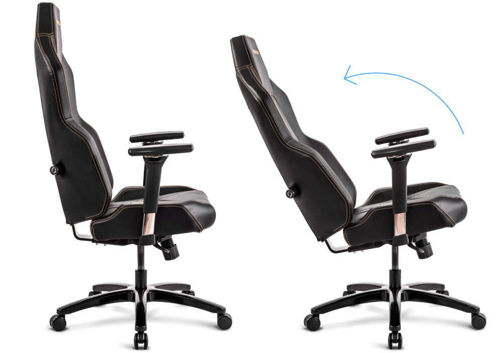 Fotel QUERSUS Vaos.2.3 Gold Accent Czarny (złote elementy) prezentacja fotela od boku w dwóch pozycjach oparcia na białym tle ergonomiczne rozwiązania dopracowana stylistyka wsparcie prawidłowej postawy