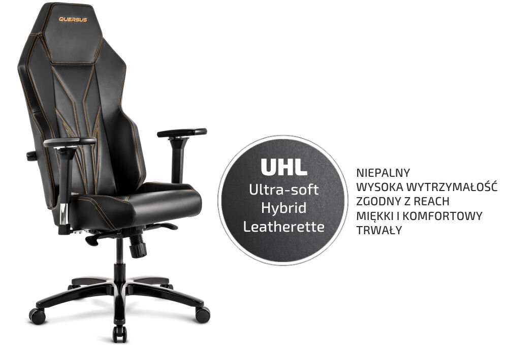 Fotel QUERSUS Vaos.2.3 Gold Accent Czarny (złote elementy) prezentacja fotela od przodu pod kątem z wypisaną nazwą materiału oraz jego właściwościami na białym tle materiał UHL wysoka odporność na ścieranie trwałość komfort