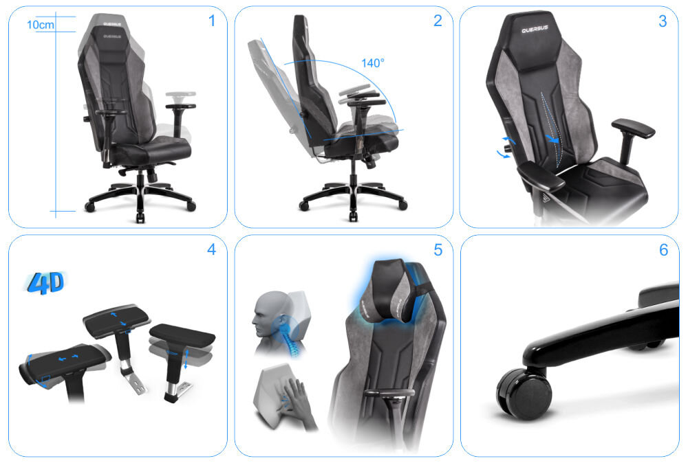 Fotel QUERSUS Vaos.2.3 White Accent Czarny (białe elementy) pokazanie różnych funkcji ułatwiających dopasowanie fotela możliwości regulacji na białym tle regulacja wysokości siedziska oparcie z funkcją nachylenia system podparcia lędźwiowego z regulacją podłokietniki 4D poduszka zagłówkowa z pianki memory foam koła z powłoką poliuretanową