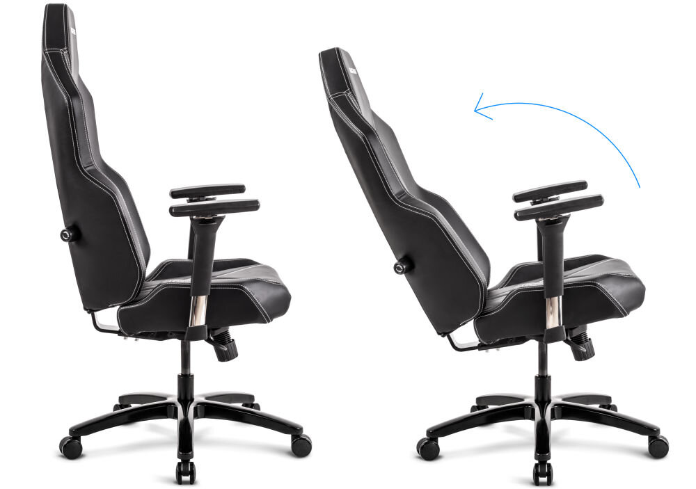 Fotel QUERSUS Vaos.2.3 White Accent Czarny (białe elementy) prezentacja fotela od boku w dwóch pozycjach oparcia na białym tle ergonomiczne rozwiązania dopracowana stylistyka wsparcie prawidłowej postawy