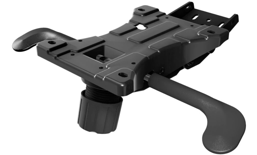 Fotel QUERSUS Vaos.2.3 Red Accent Czarny (czerwone elementy) prezentacja mechanizmu fotela na białym tle mechanizm OPTIMUS SYNCHRO™ pochylanie oparcia i siedziska Anti-Shock ochrona pleców bezpieczeństwo blokada w 5 pozycjach bujanie się