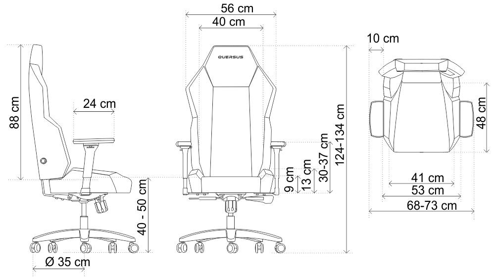 Fotel QUERSUS Vaos.2.3 Red Accent Czarny (czerwone elementy) prezentacja fotela od przodu od boku i od góry na białym tle z wymiarami regulacja dopasowanie pod swoje wymagania