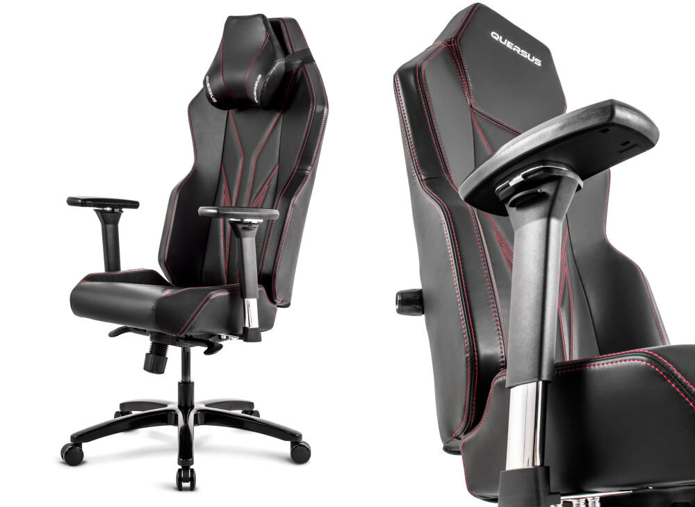 Fotel QUERSUS Vaos.2.3 Red Accent Czarny (czerwone elementy) prezentacja fotela pod kątem od przodu i dołu na białym tle poduszka zagłówkowa dopracowana konstrukcja wsparcie użytkowników podczas wielogodzinnego siedzenia