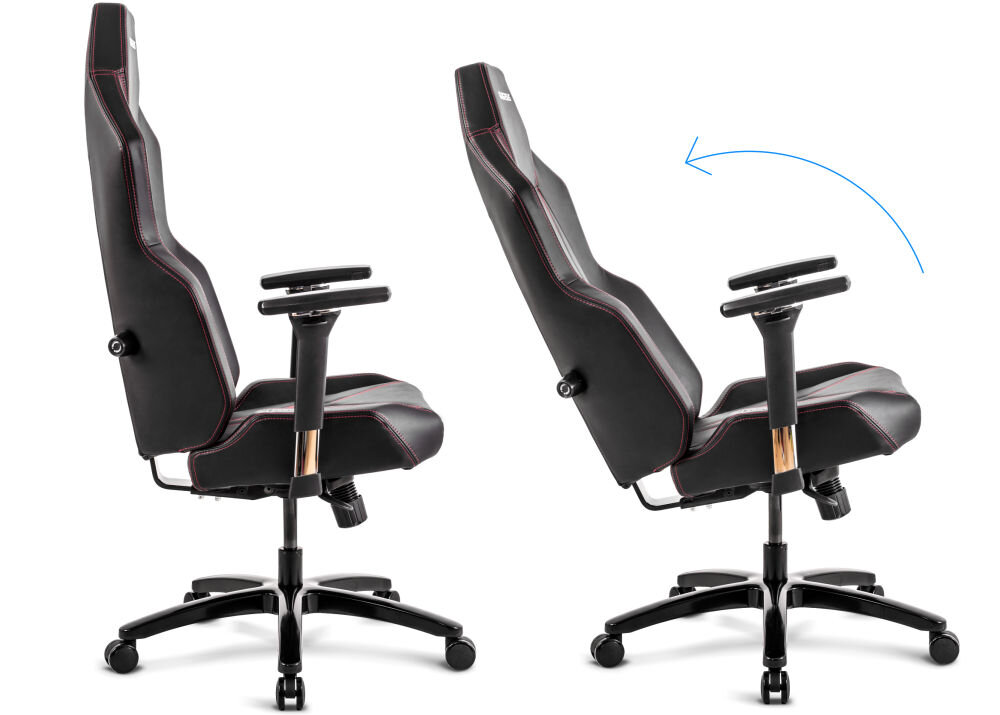 Fotel QUERSUS Vaos.2.3 Red Accent Czarny (czerwone elementy) prezentacja fotela od boku w dwóch pozycjach oparcia na białym tle ergonomiczne rozwiązania dopracowana stylistyka wsparcie prawidłowej postawy