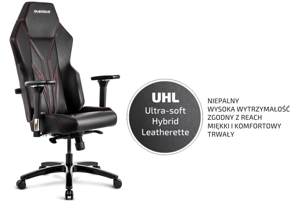 Fotel QUERSUS Vaos.2.3 Red Accent Czarny (czerwone elementy) prezentacja fotela od przodu pod kątem z wypisaną nazwą materiału oraz jego właściwościami na białym tle materiał UHL wysoka odporność na ścieranie trwałość komfort