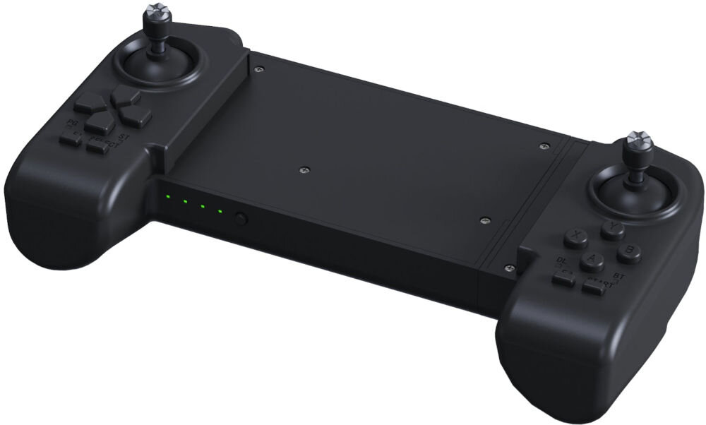 Kontroler UNITREE Go2 Widok z góry, z lekkiego kąta, na czarny kontroler do robota Unitree GO2 z dwoma joystickami i przyciskami. Pomiędzy uchwytami znajduje się płaska powierzchnia, prawdopodobnie przeznaczona na smartfon. Widoczne są zielone diody wskaźnika naładowania.