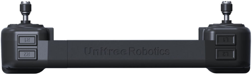 Kontroler UNITREE Go2 Widok z góry/tyłu na kontroler Unitree. Widoczne są przyciski naramienne R1, R2, L1 i L2, a na środku wygrawerowany napis Unitree Robotics.