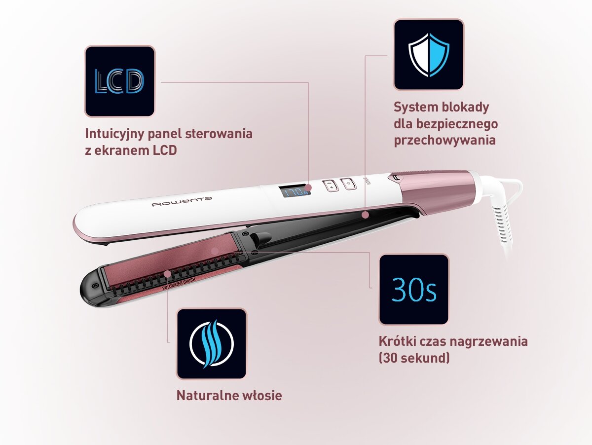 Prostownica z ekranem LCD i funkcją blokady dla bezpiecznego przechowywania. Widoczne napisy: \'Intuicyjny panel sterowania z ekranem LCD\', \'System blokady dla bezpiecznego przechowywania\', \'Naturalne włosie\', \'Krótki czas nagrzewania (30 sekund)\'.